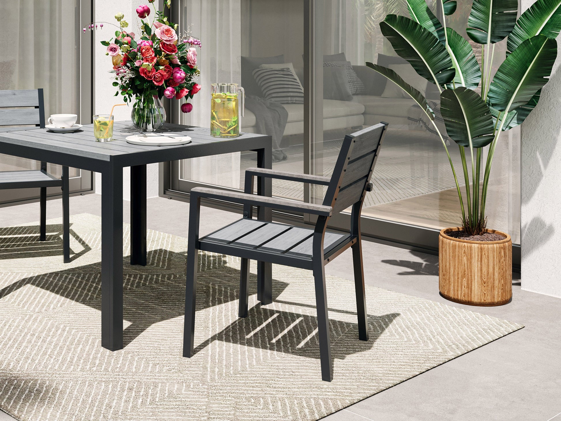Set of 2 grey patio dining chairs with wooden legs and cushioned seats, ideal for outdoor dining and relaxation.