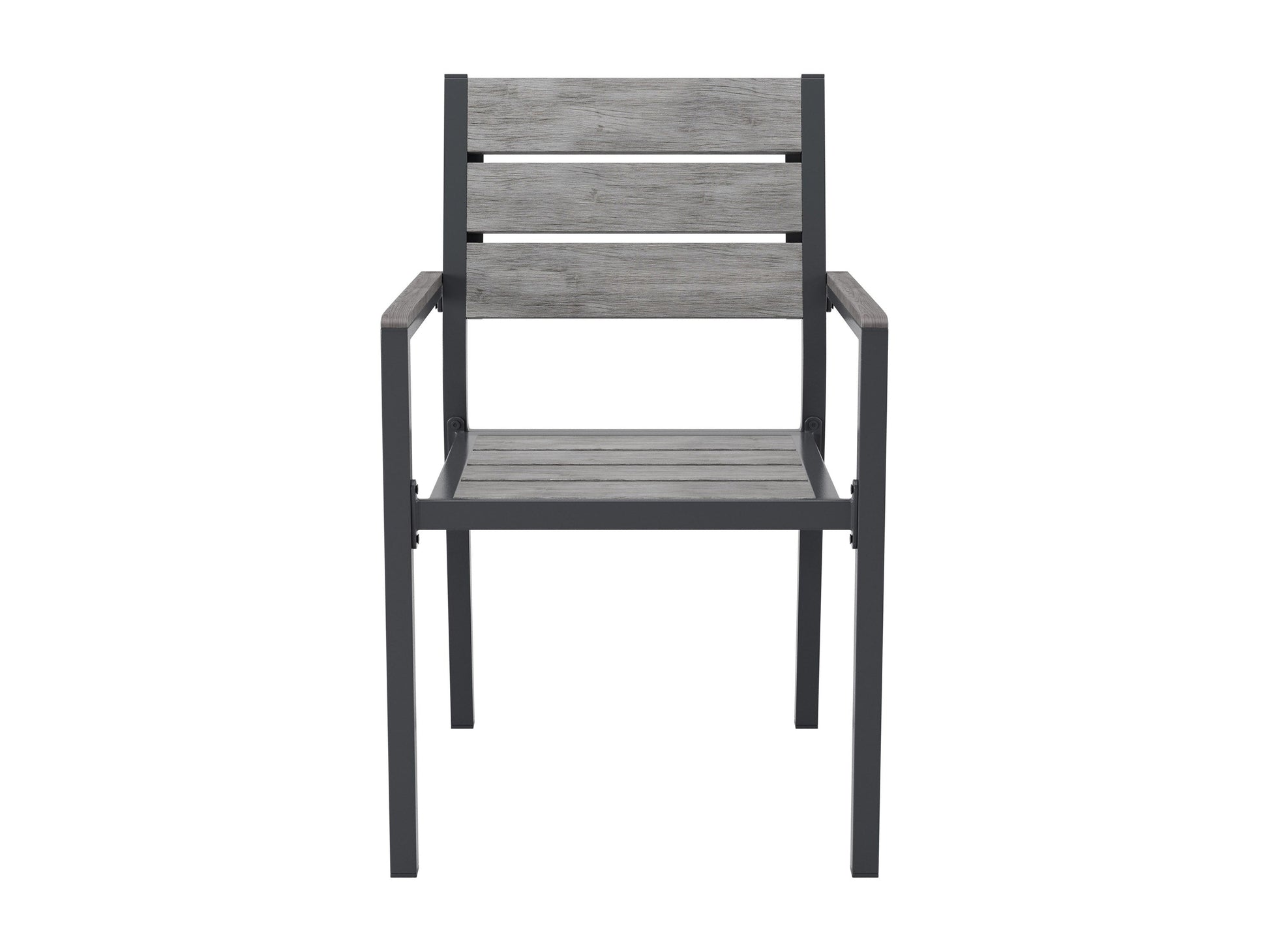 Set of 2 patio dining chairs with grey cushioned seats, black metal frames, and modern design.
