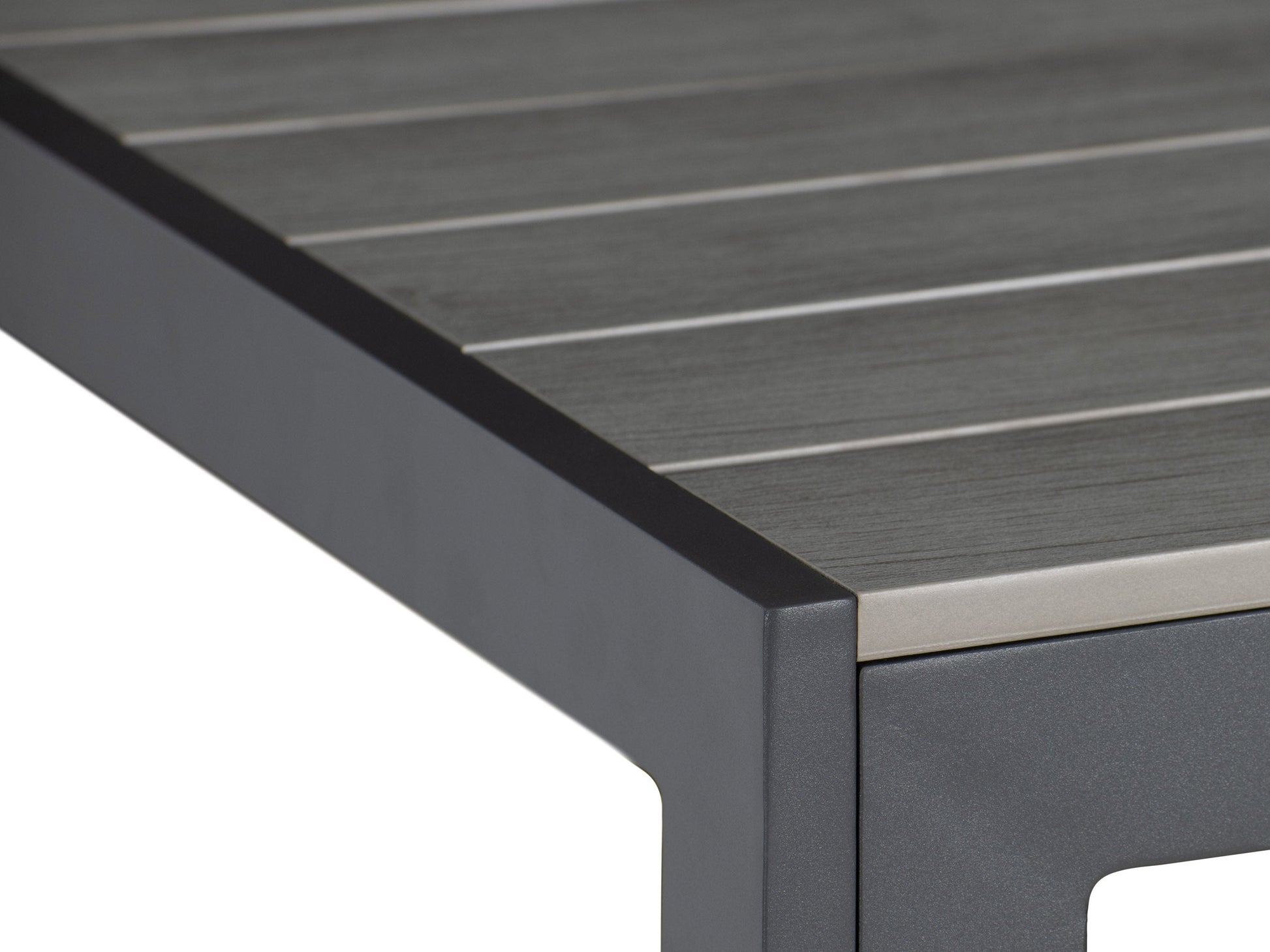 Rectangle outdoor dining table with grey slatted top, black metal frame, and weather-resistant design.