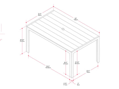 Rectangle outdoor patio dining table with grey slatted top and durable black metal legs.