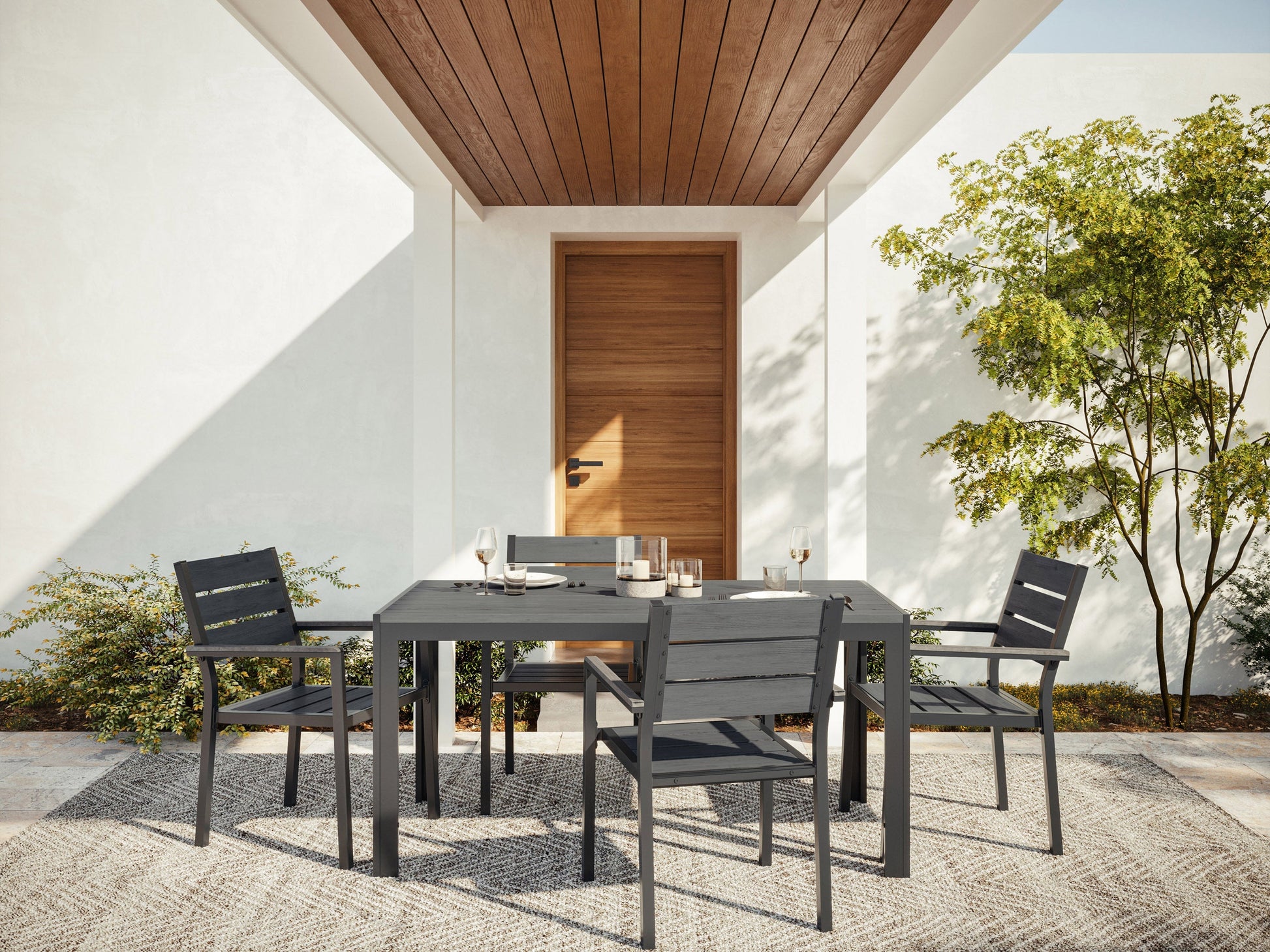 Rectangle outdoor dining table with grey metal frame and slatted wooden top, perfect for patio settings.