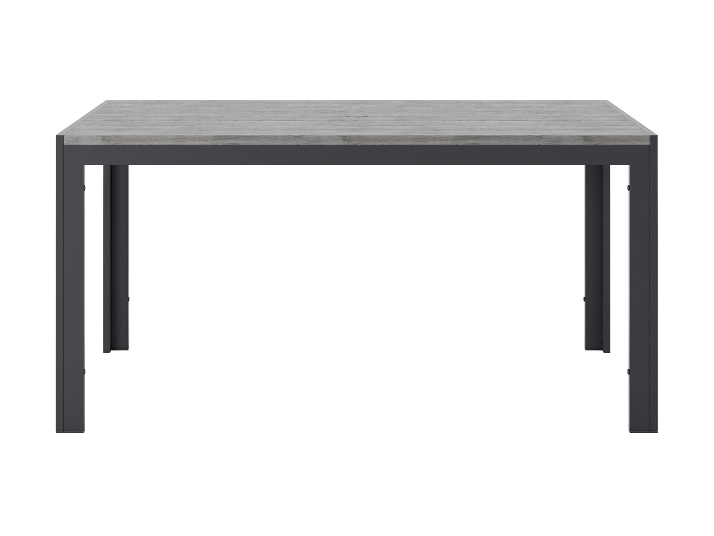 Rectangular outdoor patio table, grey aluminum frame, slatted top, modern minimalist design, weather-resistant.