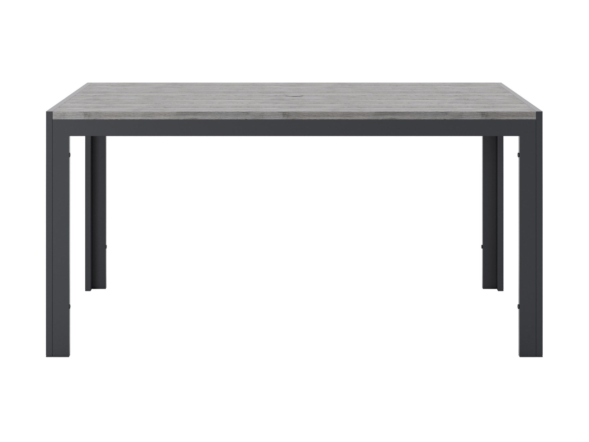 Rectangular outdoor patio table, grey aluminum frame, slatted top, modern minimalist design, weather-resistant.