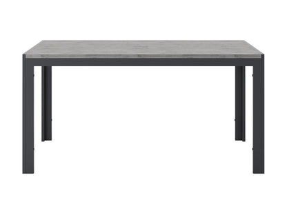 Rectangular outdoor patio table, grey aluminum frame, slatted top, modern minimalist design, weather-resistant.