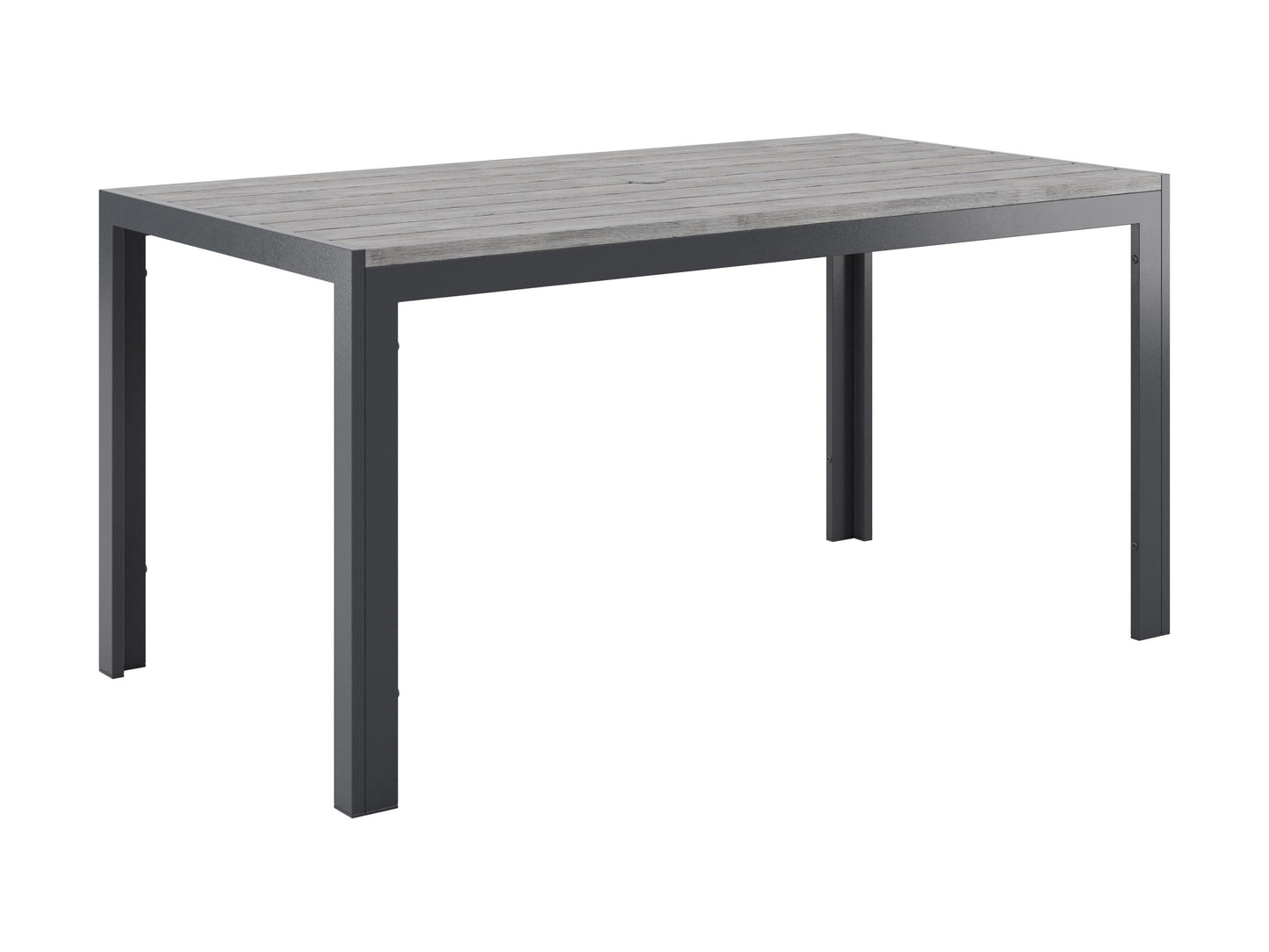 Rectangle outdoor dining table with grey aluminum frame and slatted top, perfect for patios and garden spaces.