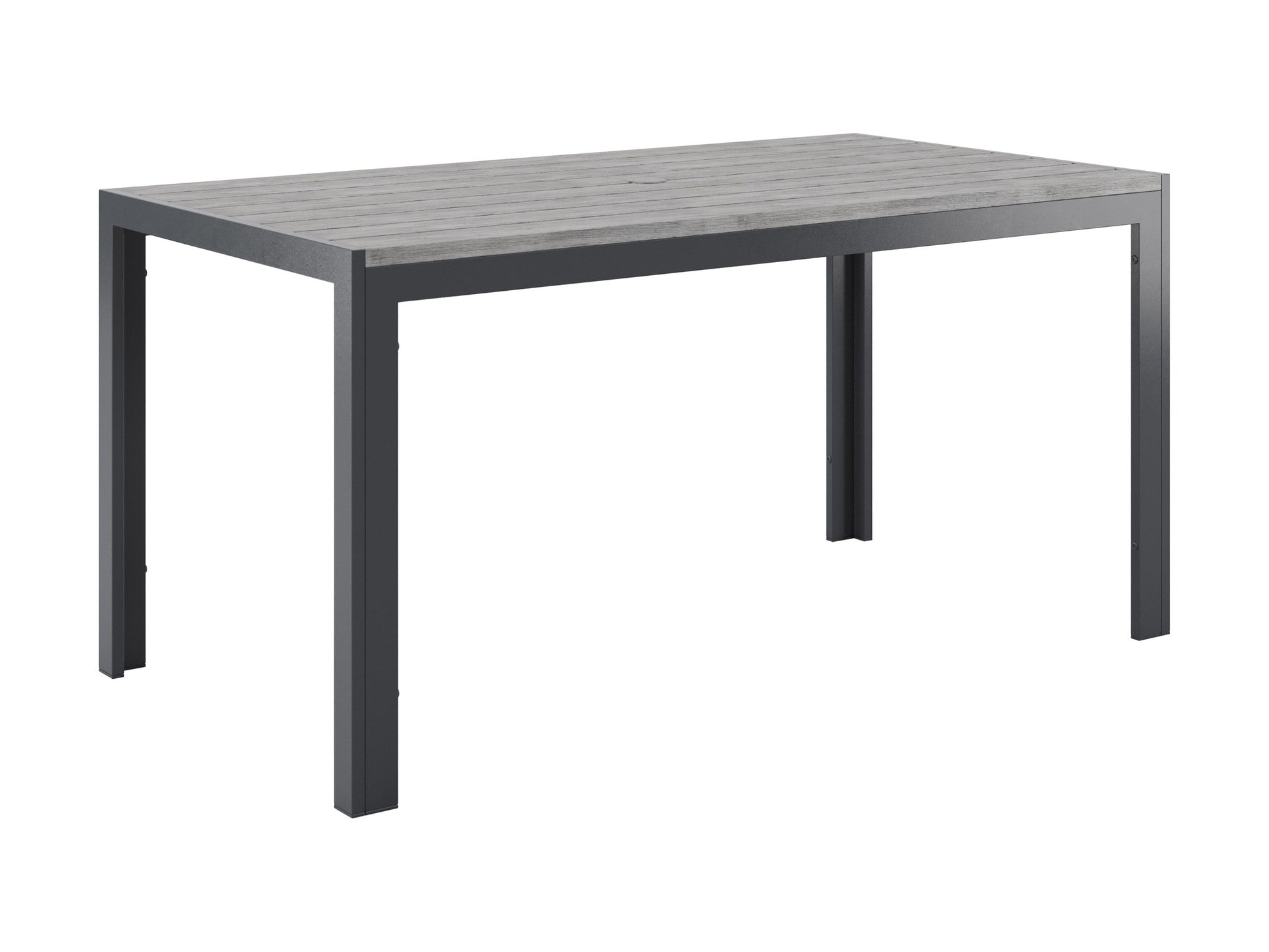 Rectangle outdoor dining table with grey aluminum frame and slatted top, perfect for patios and garden spaces.