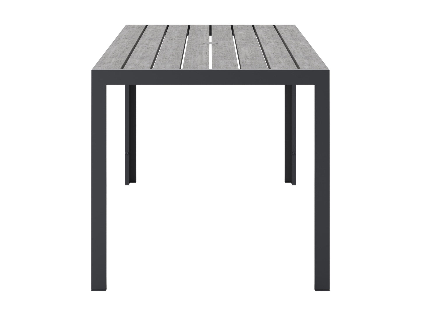 Rectangle outdoor dining table with grey aluminum frame and slatted top, perfect for patio or garden use.