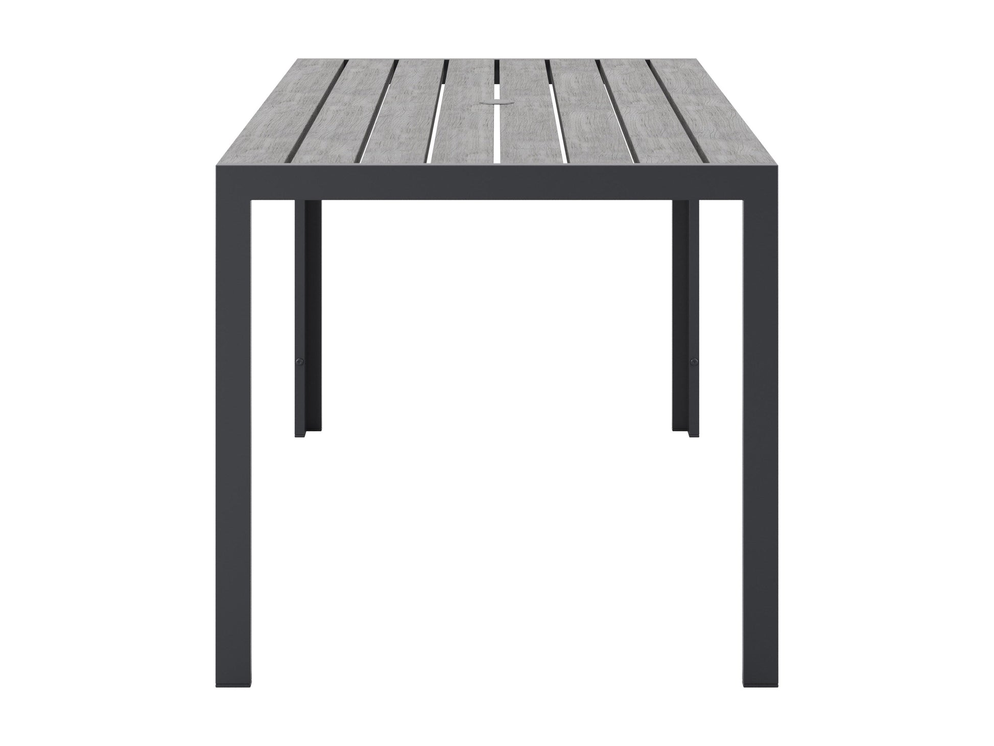 Rectangle outdoor dining table with grey aluminum frame and slatted top, perfect for patio or garden use.