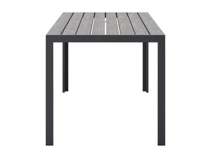 Rectangle outdoor dining table with grey aluminum frame and slatted top, perfect for patio or garden use.