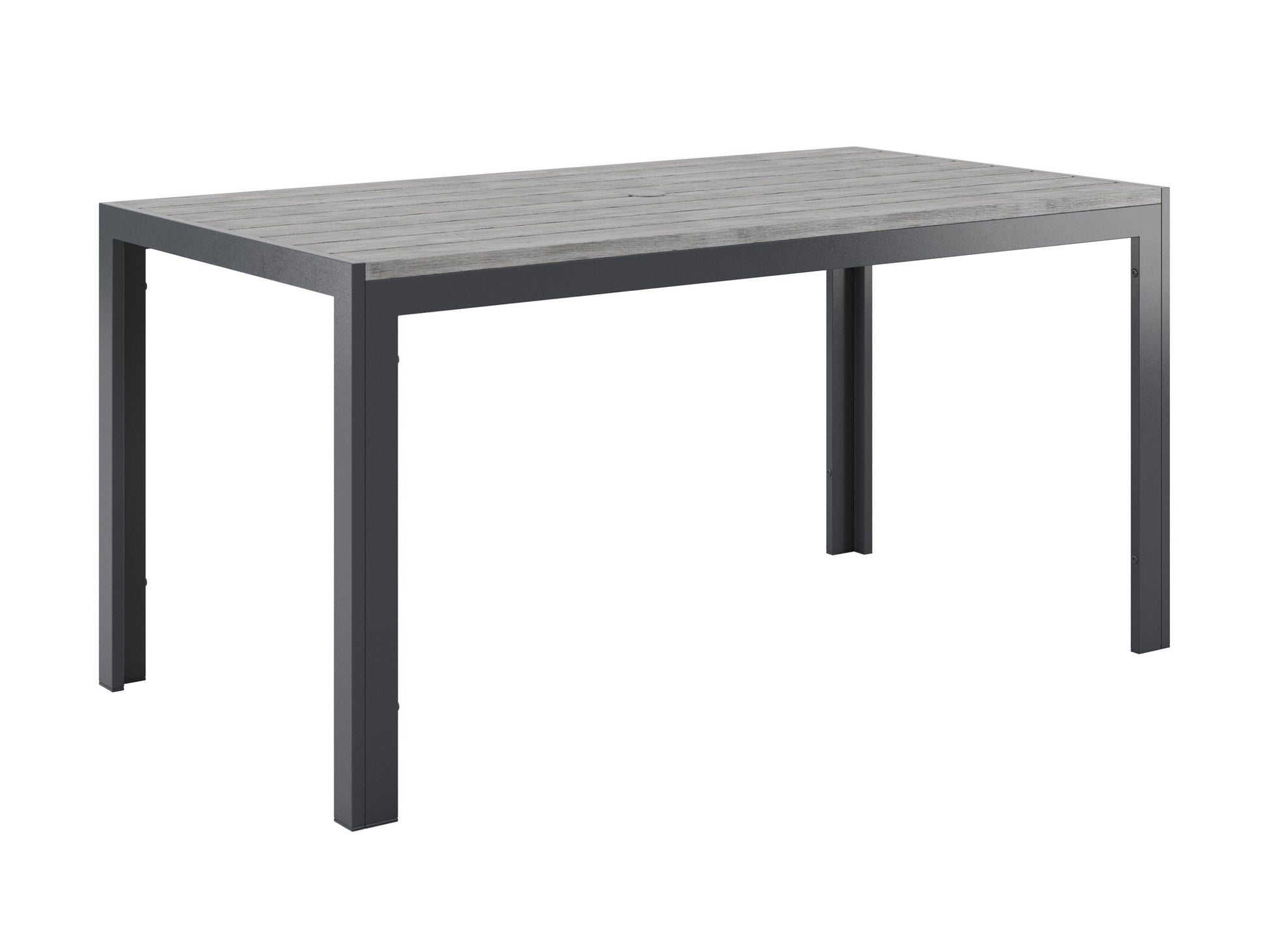 Outdoor patio dining set, 7-piece, grey wicker with cushioned chairs and rectangular glass-top table.