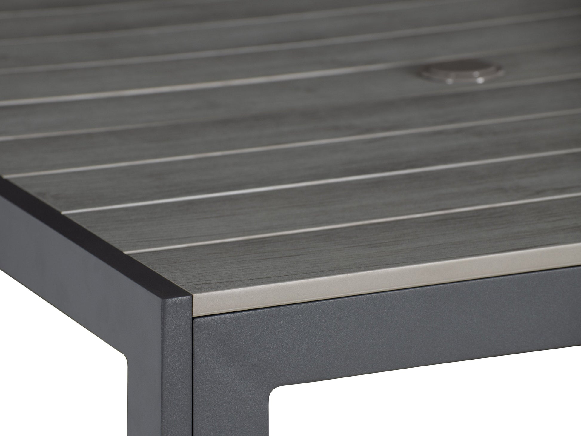 Square outdoor dining table, black metal frame with grey slatted top, weather-resistant, modern patio furniture.