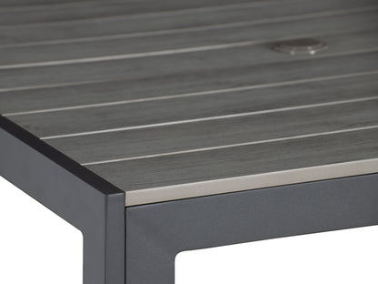 Square outdoor dining table, black metal frame with grey slatted top, weather-resistant, modern patio furniture.