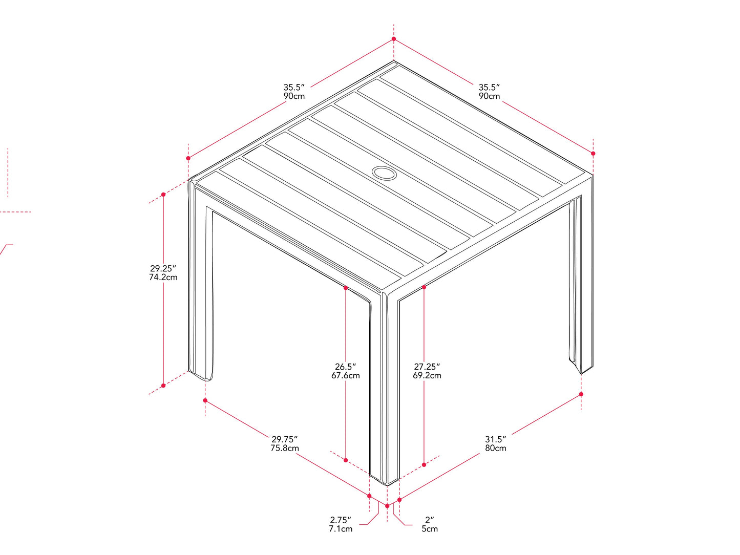 Square outdoor dining table with grey aluminum frame and slatted top, perfect for patio or garden spaces.