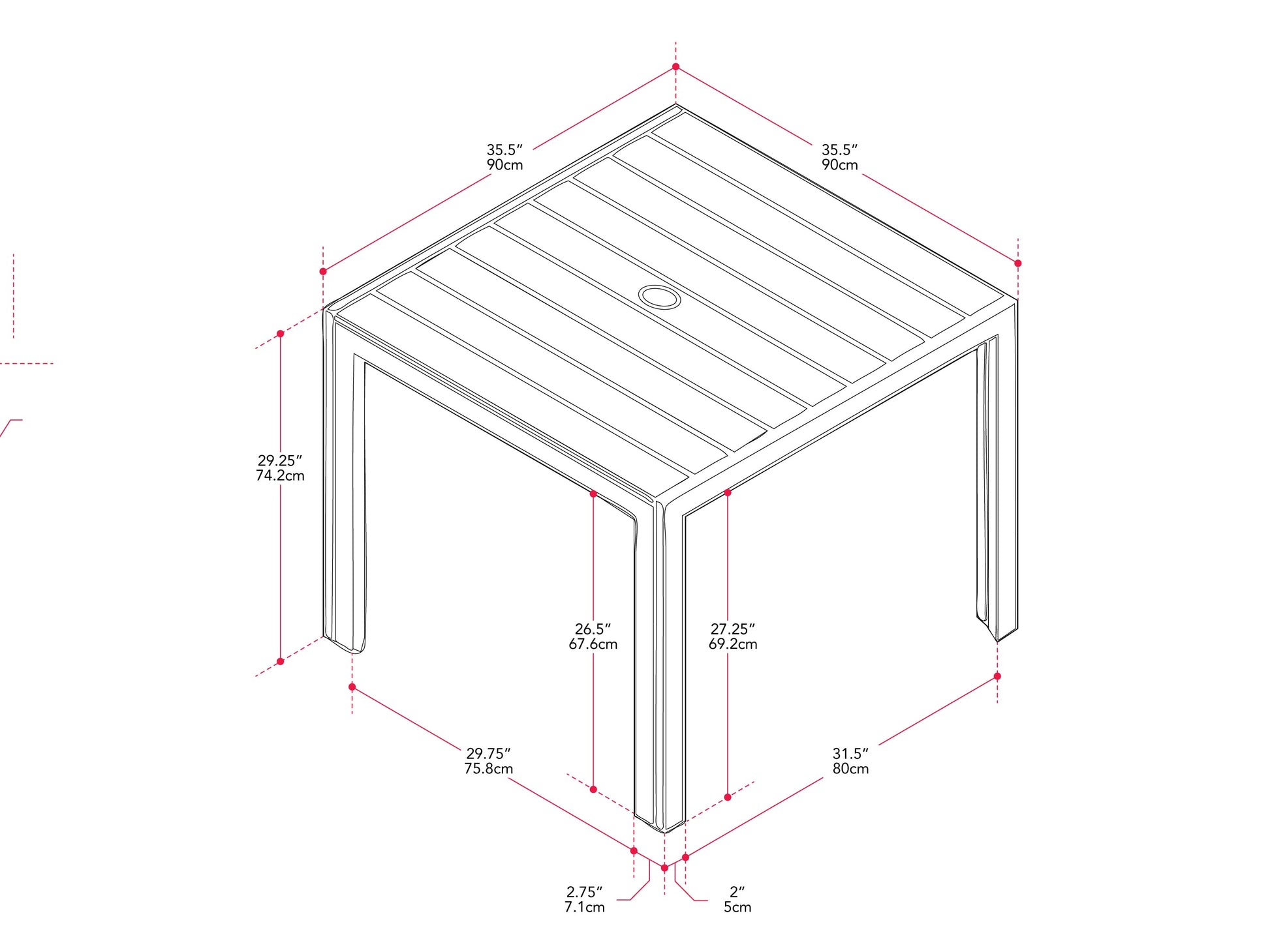 Square outdoor dining table with grey aluminum frame and slatted top, perfect for patio or garden spaces.