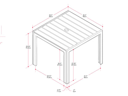 Square outdoor dining table with grey aluminum frame and slatted top, perfect for patio or garden spaces.