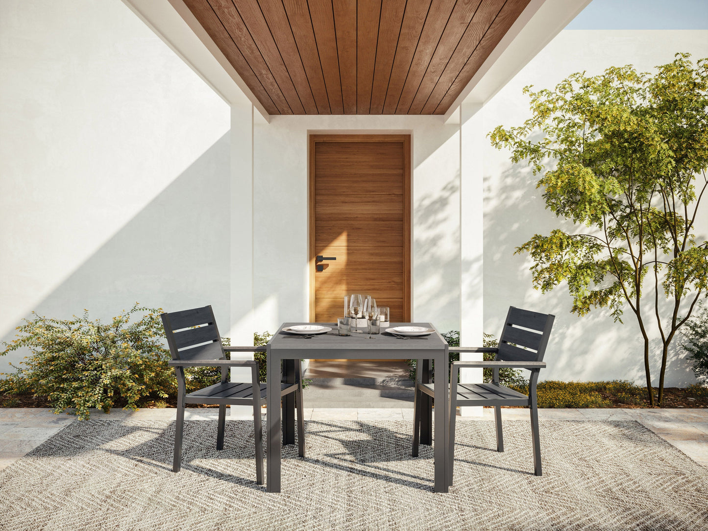 Square outdoor dining table with a grey metal frame and slatted wooden top, perfect for patio or garden settings.