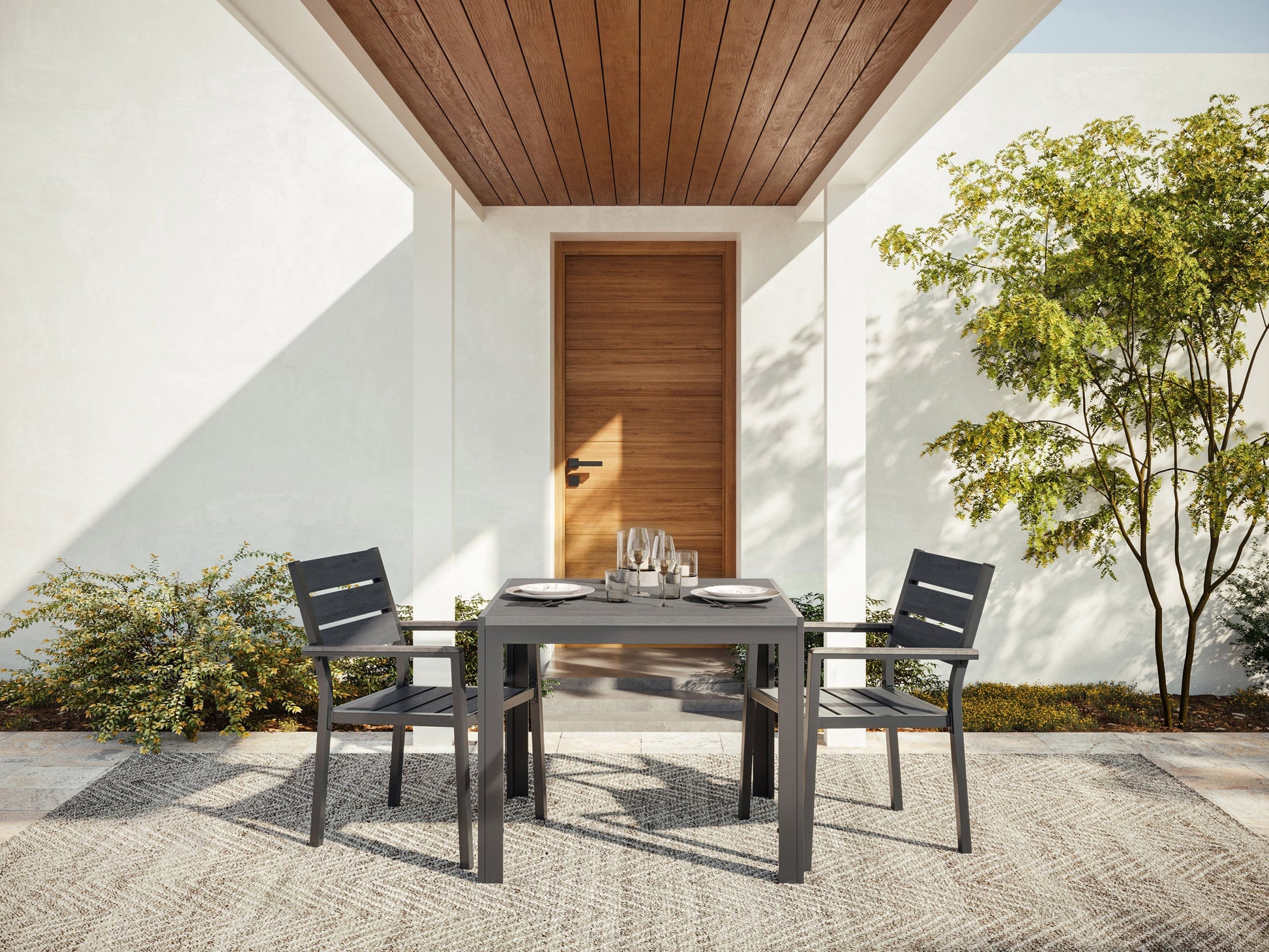 Square outdoor dining table with a grey metal frame and slatted wooden top, perfect for patio or garden settings.