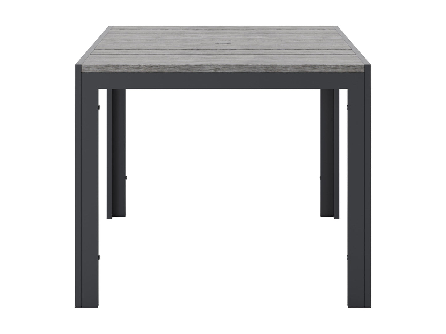 Square outdoor dining table with grey metal frame and wooden slatted top, perfect for patio or garden use.