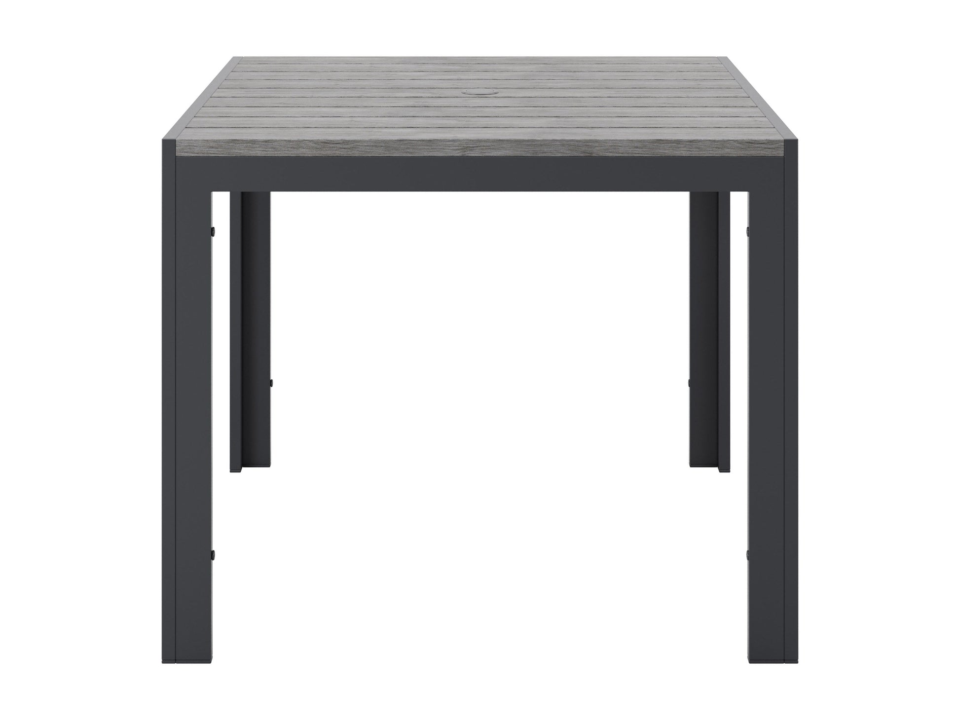 Square outdoor dining table with grey metal frame and wooden slatted top, perfect for patio or garden use.