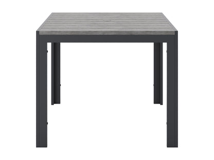 Square outdoor dining table with grey metal frame and wooden slatted top, perfect for patio or garden use.