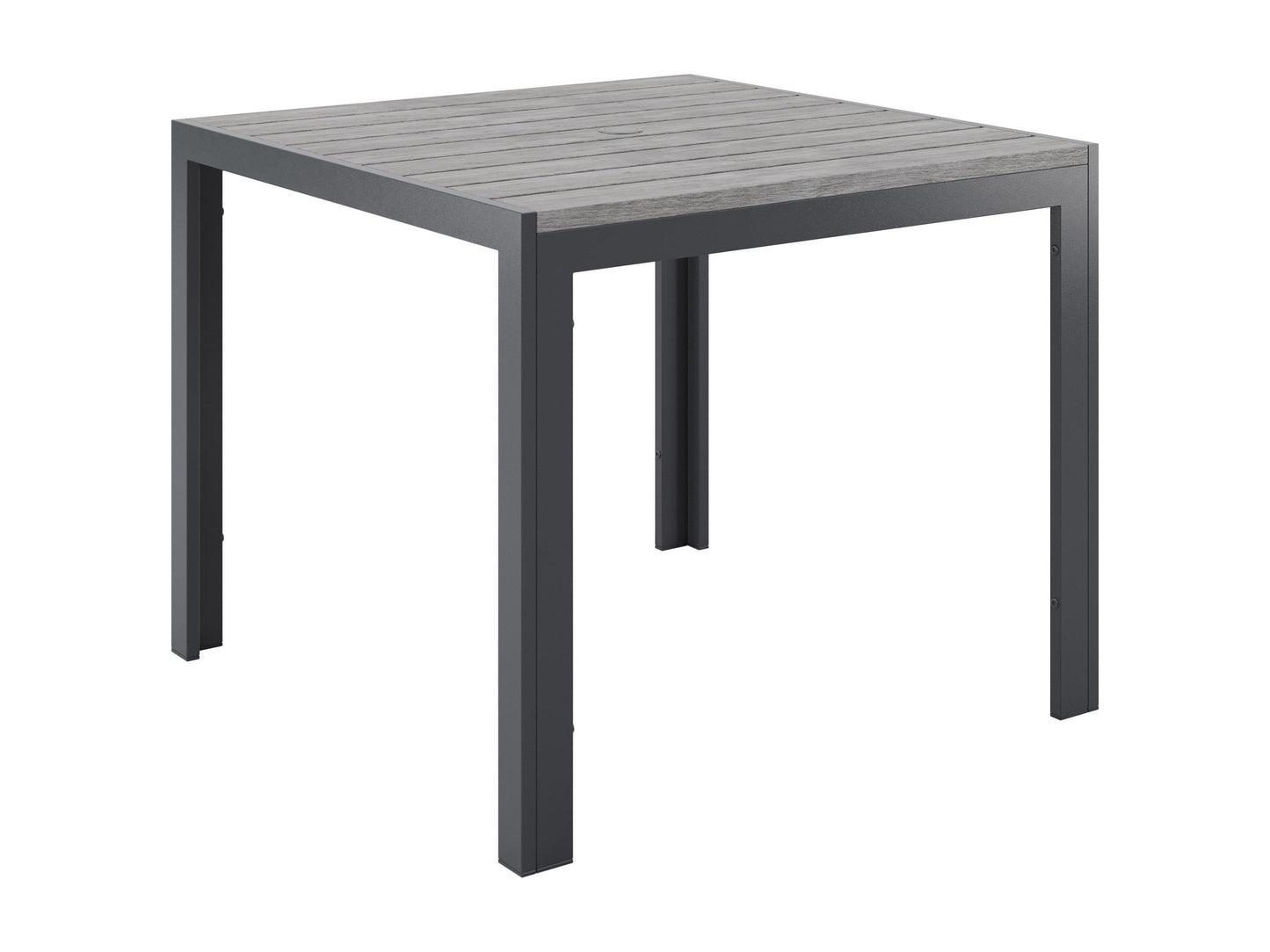 Square outdoor dining table with grey slatted top and black metal frame, perfect for patio or garden dining.