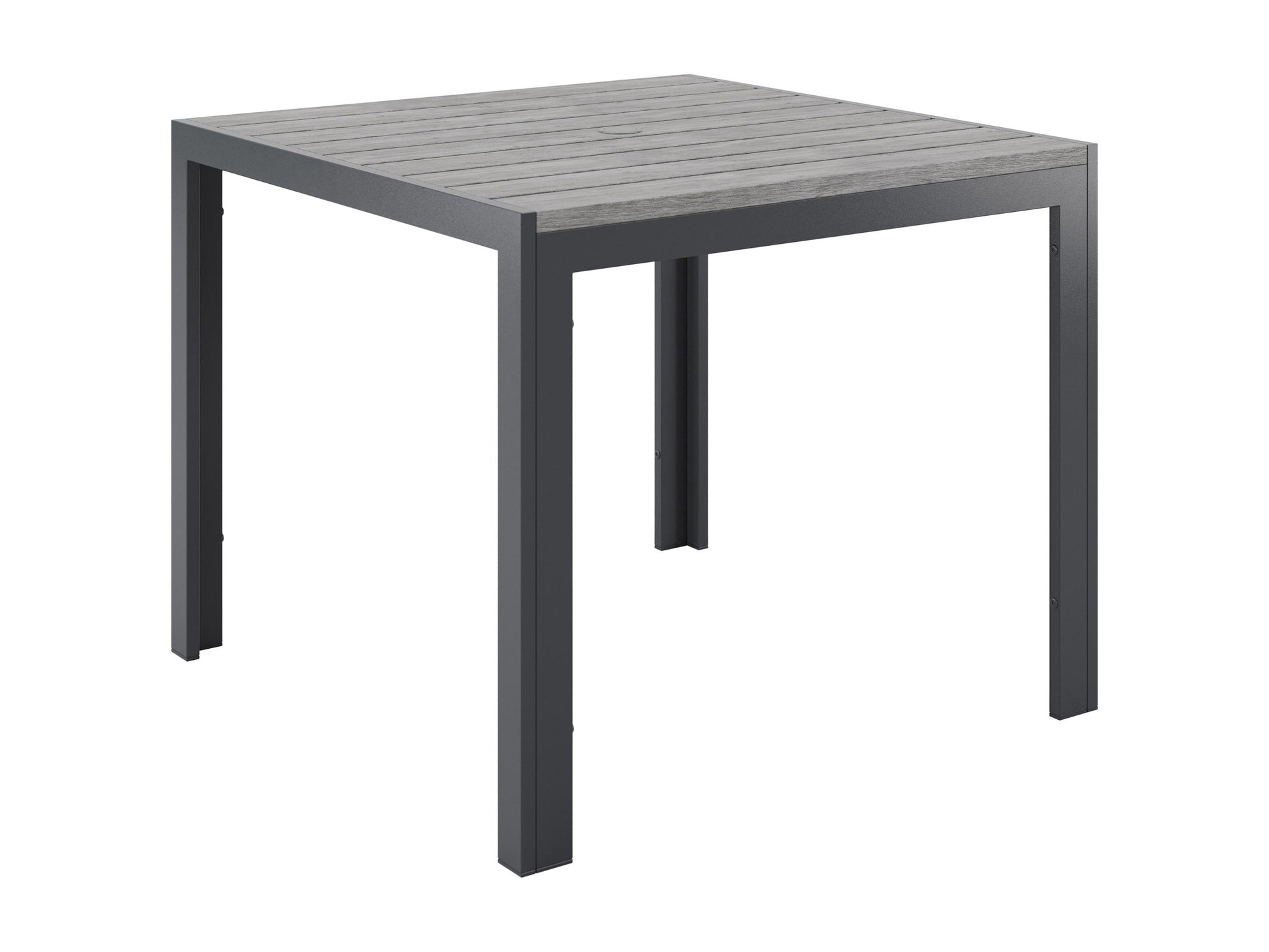 Square outdoor dining table with grey slatted top and black metal frame, perfect for patio or garden dining.