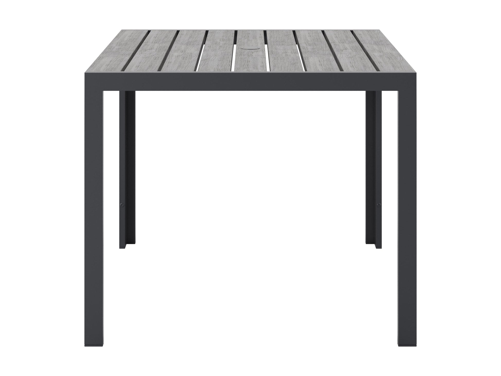 Square outdoor dining table with grey finish, sleek metal legs, and weather-resistant design for patio use.