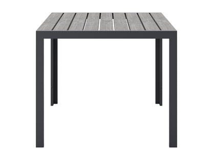 Square outdoor dining table with grey finish, sleek metal legs, and weather-resistant design for patio use.