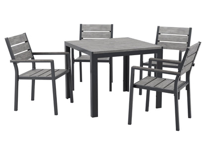 Outdoor patio dining set, 5-piece, grey wicker chairs, glass-top table, weather-resistant, modern design.