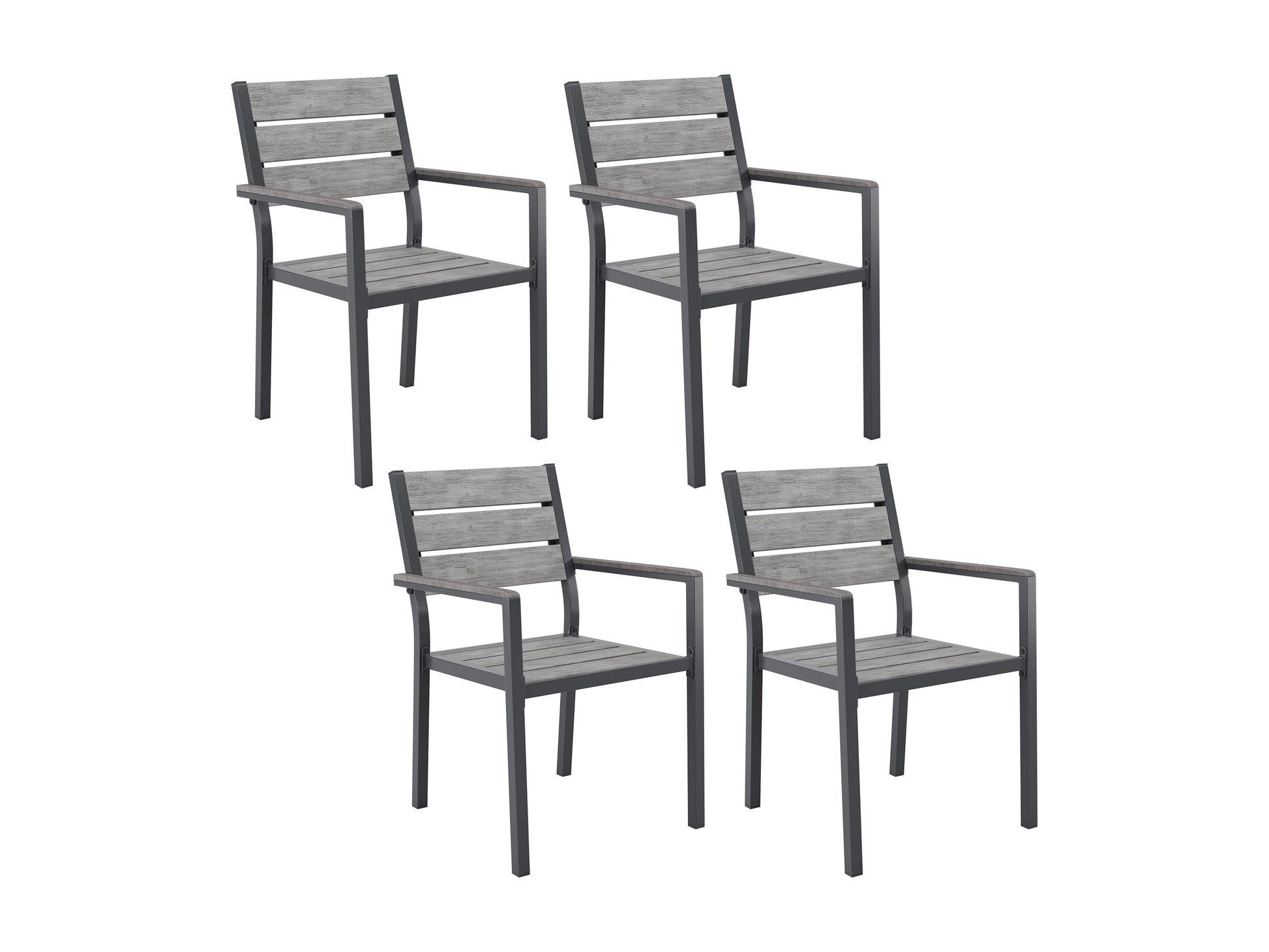 5-piece outdoor patio dining set with grey cushioned chairs and a rectangular wooden table.