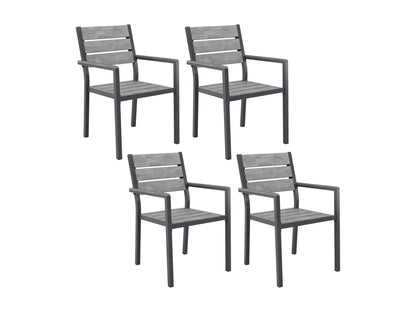 5-piece outdoor patio dining set with grey cushioned chairs and a rectangular wooden table.