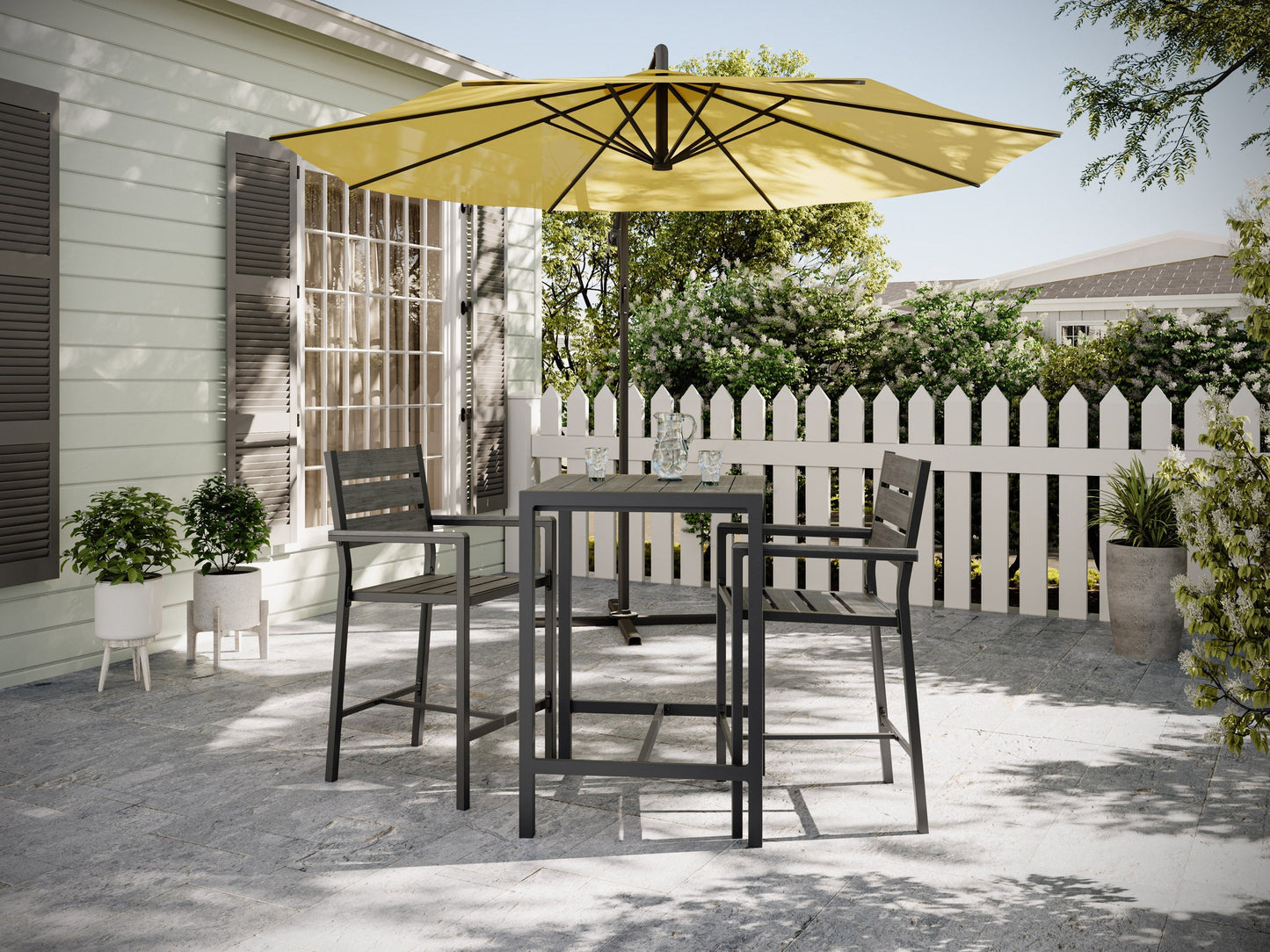 Set of 2 outdoor bar chairs with grey cushions, black metal frames, and wooden armrests.