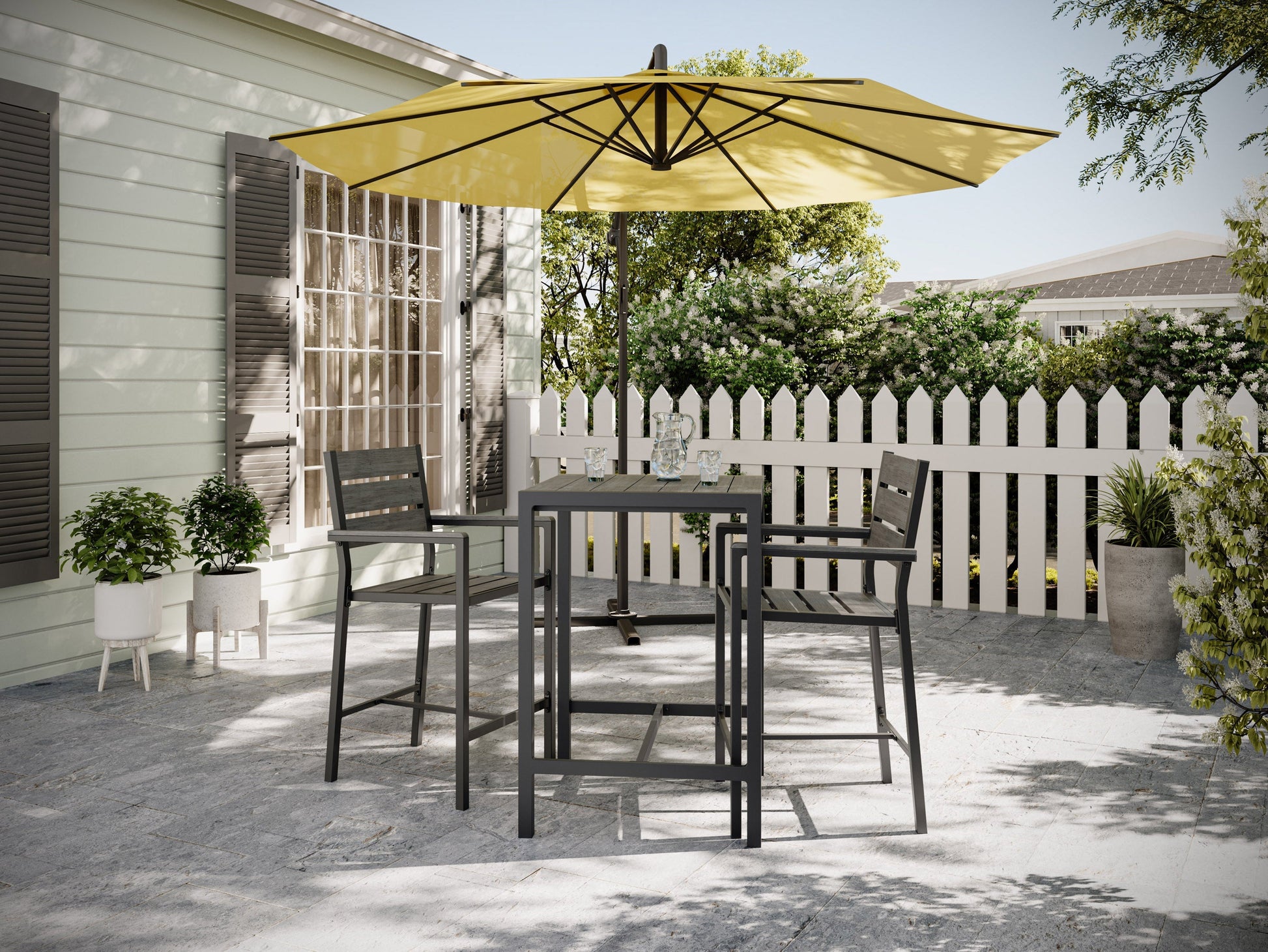 Set of 2 outdoor bar chairs with grey cushions, black metal frames, and wooden armrests.