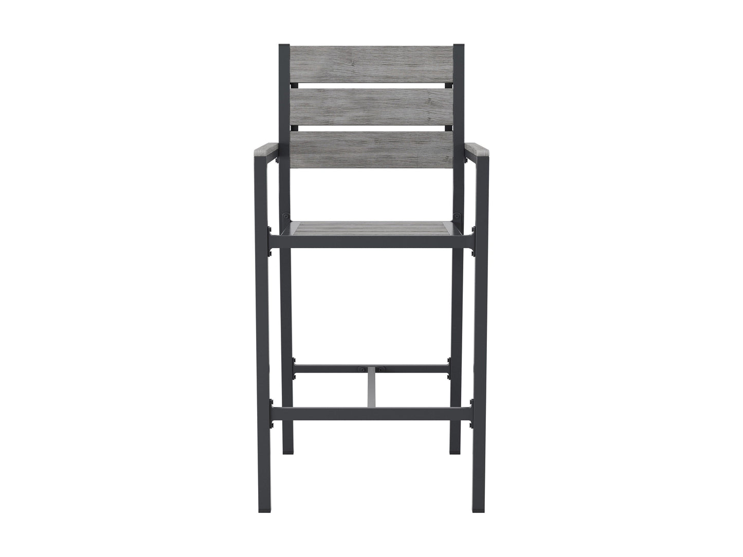 Set of 2 outdoor bar stools with grey cushions, black metal frames, and wooden armrests, perfect for patio use.