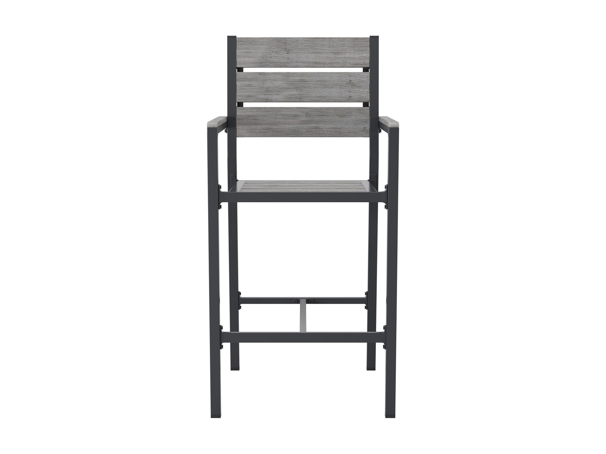 Set of 2 outdoor bar stools with grey cushions, black metal frames, and wooden armrests, perfect for patio use.