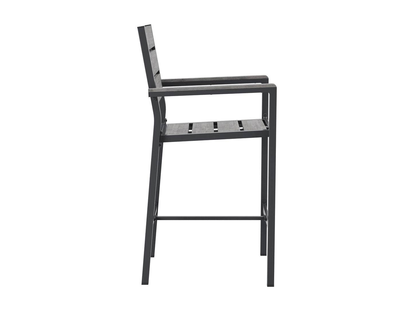Outdoor bar chair set of 2, grey wicker with metal legs, padded cushions, and armrests for patio or garden use.