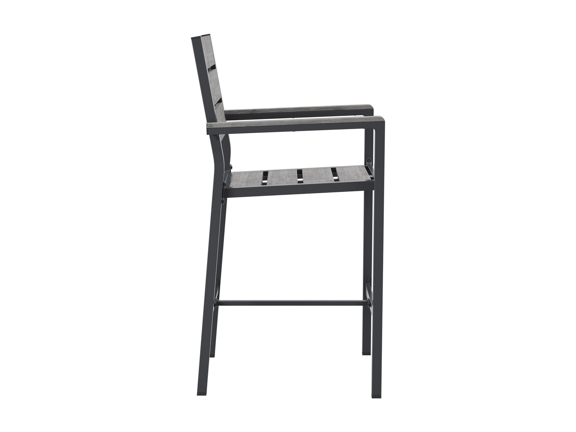 Outdoor bar chair set of 2, grey wicker with metal legs, padded cushions, and armrests for patio or garden use.