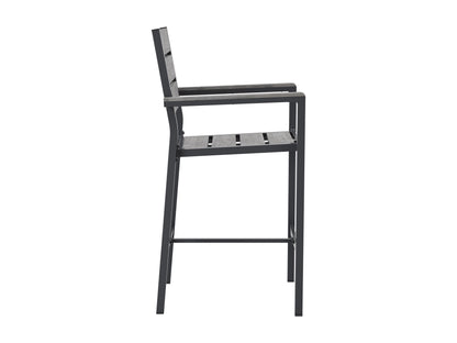 Outdoor bar chair set of 2, grey wicker with metal legs, padded cushions, and armrests for patio or garden use.