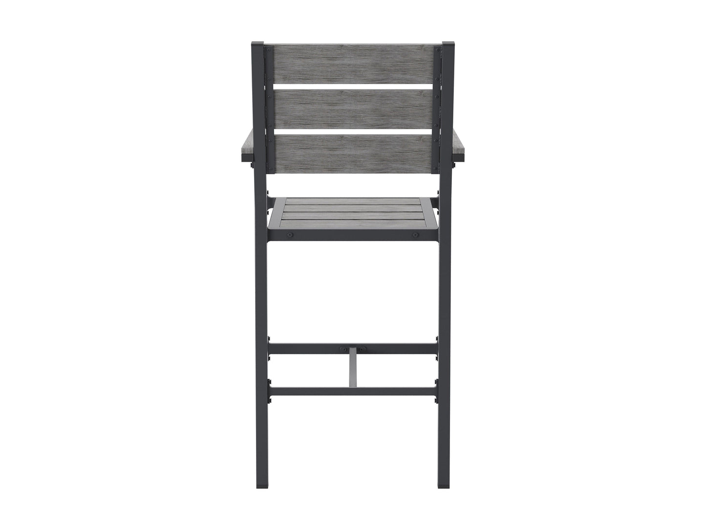 Set of 2 outdoor bar chairs, grey fabric cushions, black metal frame, weather-resistant, perfect for patio or garden.