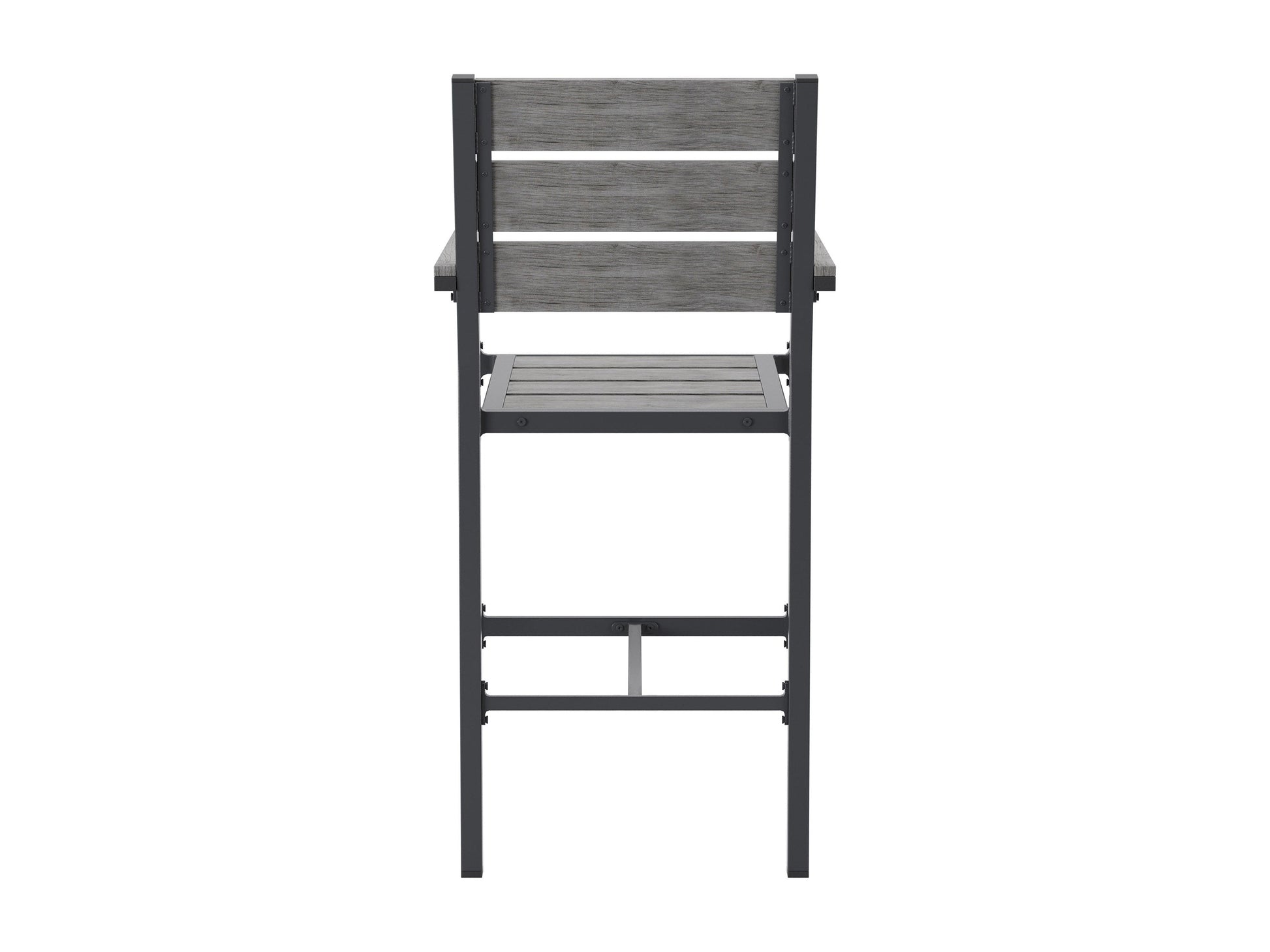 Set of 2 outdoor bar chairs, grey fabric cushions, black metal frame, weather-resistant, perfect for patio or garden.