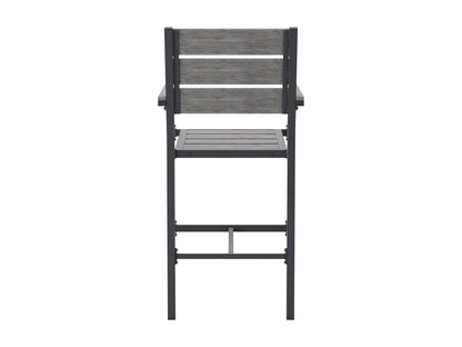 Set of 2 outdoor bar chairs, grey fabric cushions, black metal frame, weather-resistant, perfect for patio or garden.