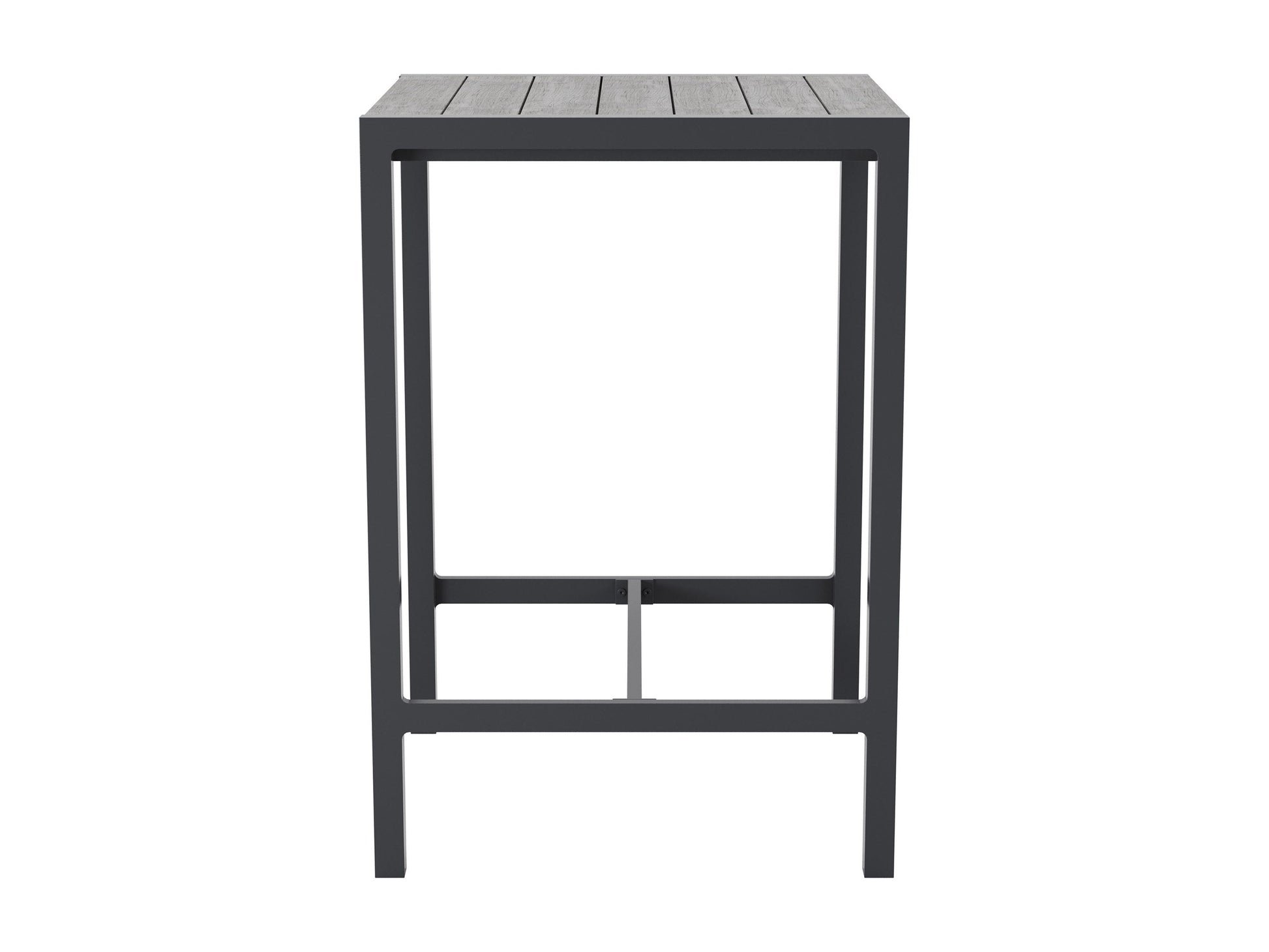 Outdoor patio bar table with a sleek grey metal frame and wooden slatted tabletop, perfect for modern garden spaces.