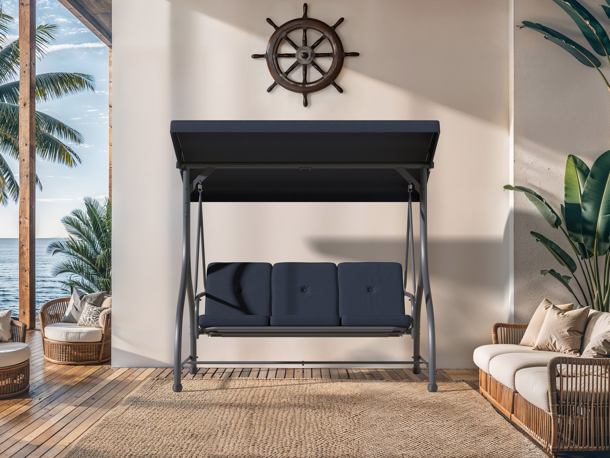 2-1 patio swing with canopy, gray cushions, steel frame, and adjustable shade, perfect for outdoor relaxation