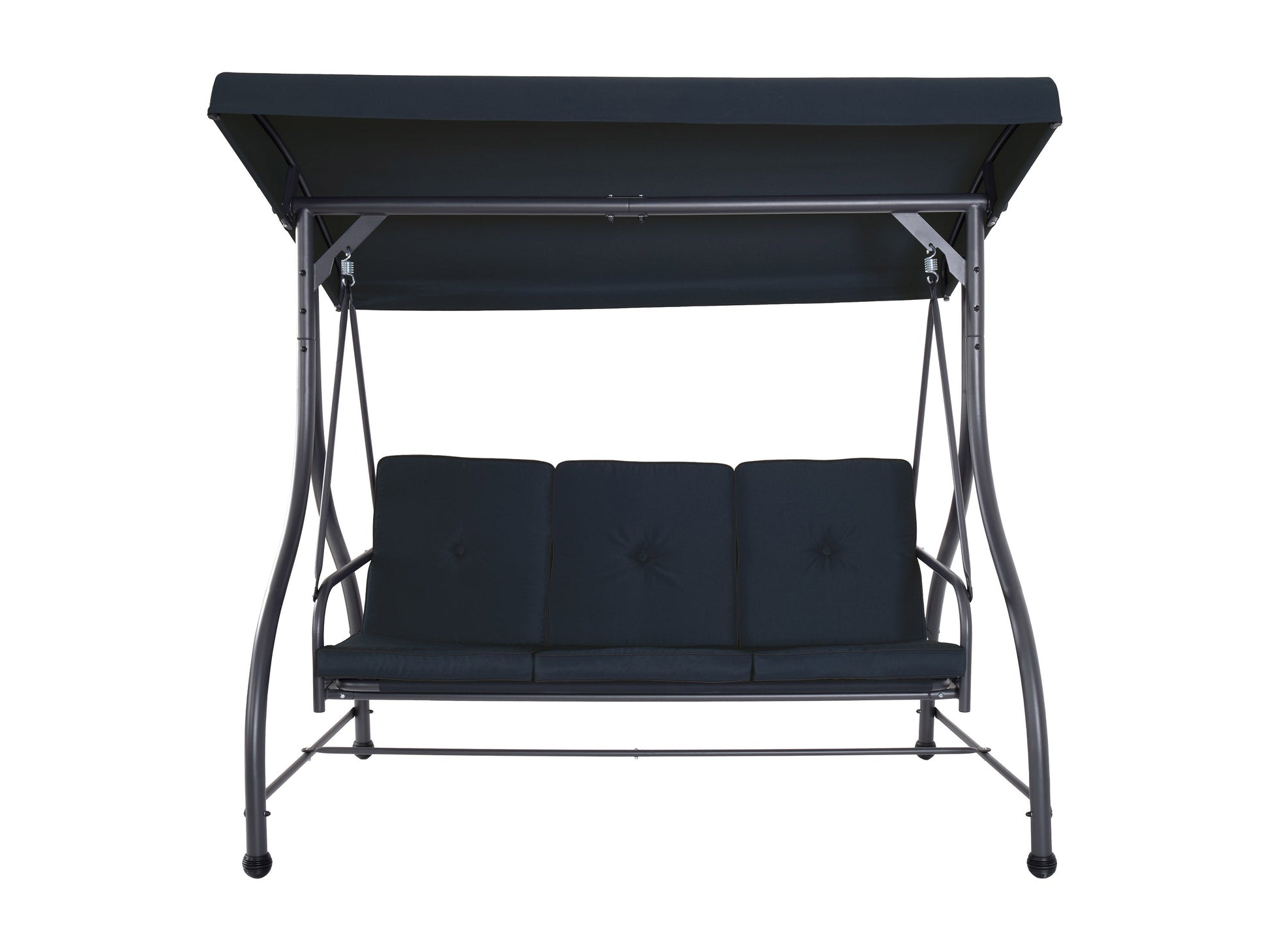 Grey 2-1 patio swing with adjustable canopy, cushioned seats, and sturdy metal frame for outdoor relaxation.