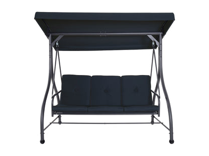 Grey 2-1 patio swing with adjustable canopy, cushioned seats, and sturdy metal frame for outdoor relaxation.