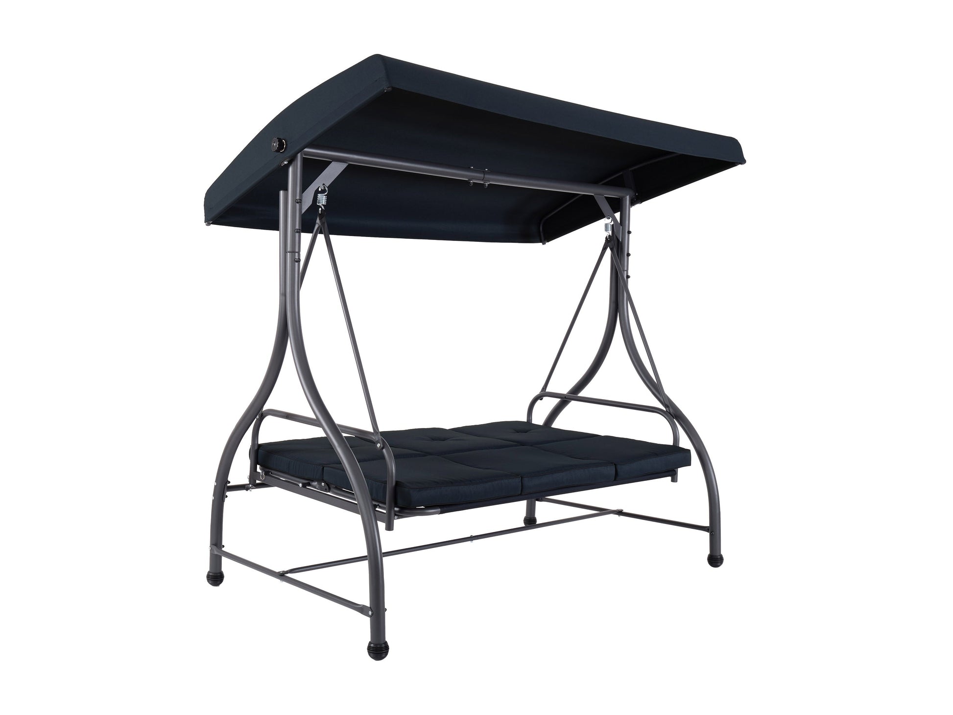 2-1 patio swing with canopy, grey cushioned seats, sturdy metal frame, and adjustable shade for outdoor relaxation