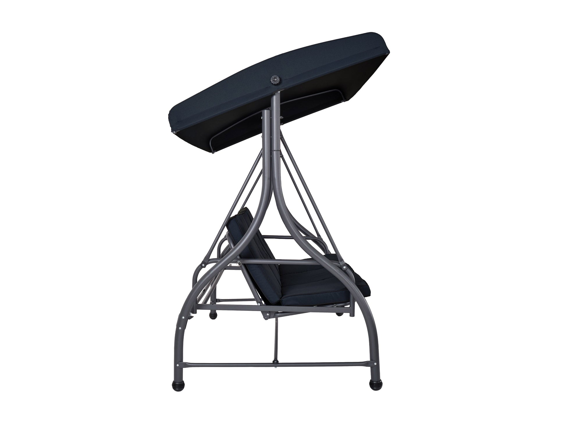 2-1 patio swing with canopy, grey fabric cushions, wooden frame, and adjustable sunshade for outdoor relaxation