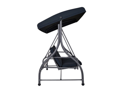 2-1 patio swing with canopy, grey fabric cushions, wooden frame, and adjustable sunshade for outdoor relaxation