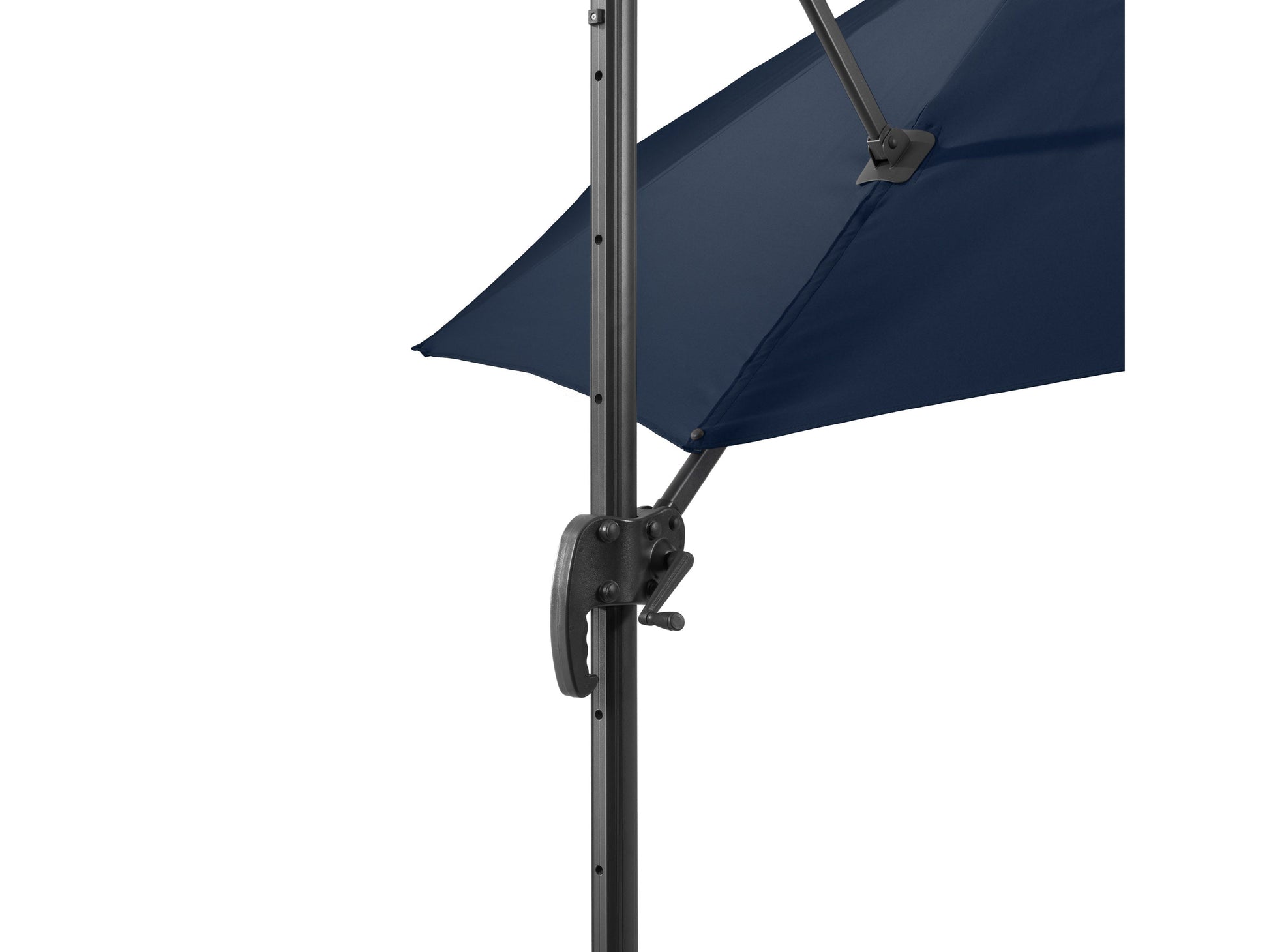 Navy blue 9.5ft offset patio umbrella with 360-degree rotation, durable fabric, and sturdy metal frame.