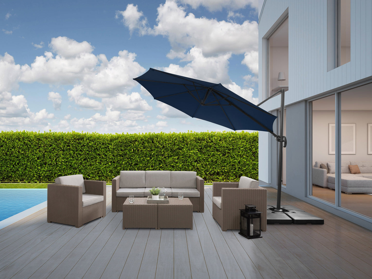 Navy blue 9.5ft offset patio umbrella with 360-degree rotation, UV protection, and sturdy aluminum frame.